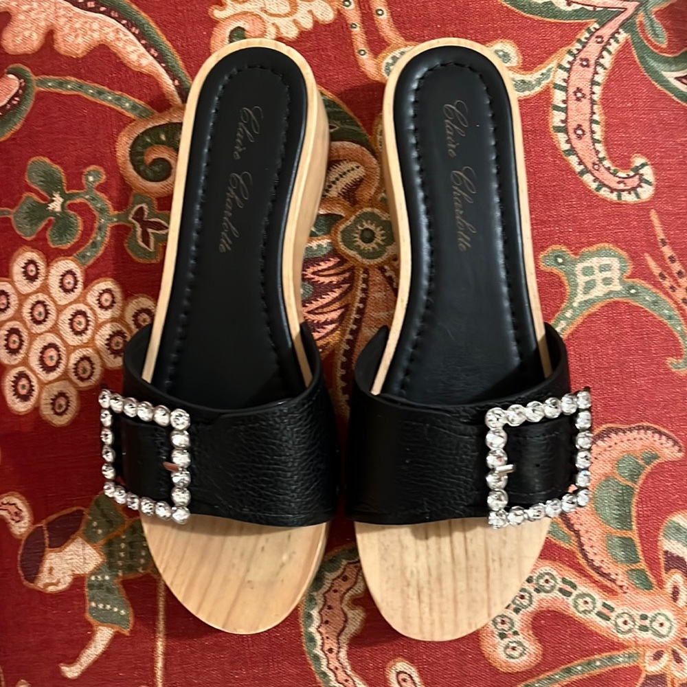 Claire Charolette black leather with rhinestone buckle sandals